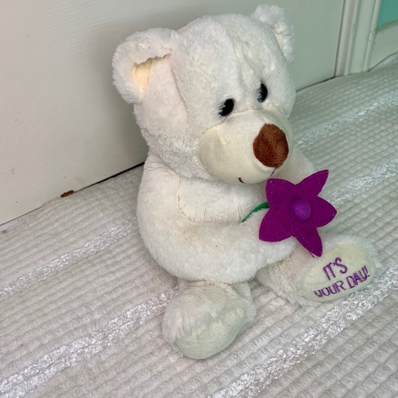 Bear Plush with Flower - White - It's Your Day - 8" - Picture 4 of 6